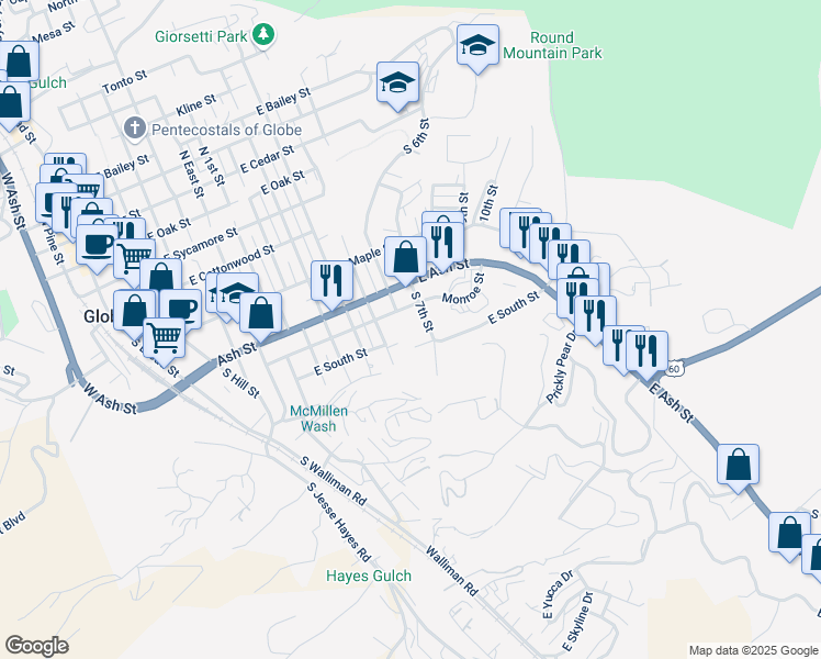 map of restaurants, bars, coffee shops, grocery stores, and more near 555 Monroe Street in Globe