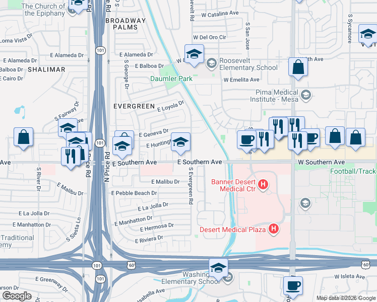 map of restaurants, bars, coffee shops, grocery stores, and more near 2543 East Huntington Drive in Tempe
