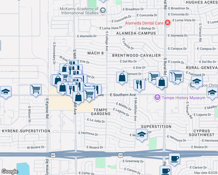 map of restaurants, bars, coffee shops, grocery stores, and more near 3134 South Orm Drive in Tempe