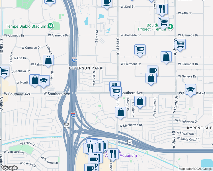 map of restaurants, bars, coffee shops, grocery stores, and more near 1506 West Huntington Drive in Tempe