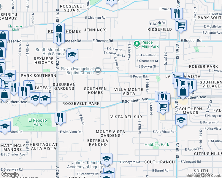 map of restaurants, bars, coffee shops, grocery stores, and more near 5636 South 11th Street in Phoenix