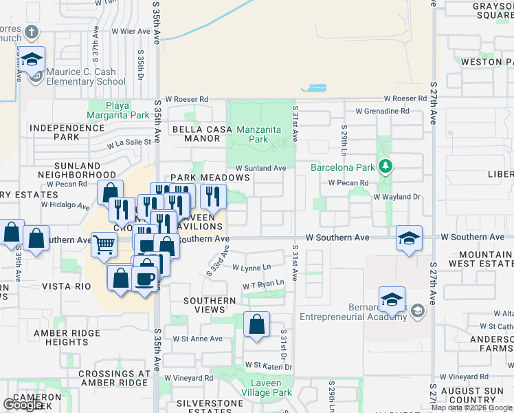 map of restaurants, bars, coffee shops, grocery stores, and more near 3228 West Wayland Drive in Phoenix