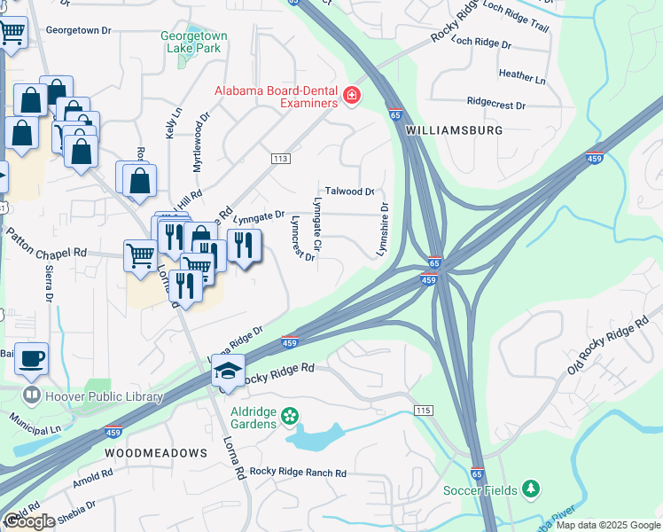 map of restaurants, bars, coffee shops, grocery stores, and more near 2204 Lynncrest Lane in Birmingham