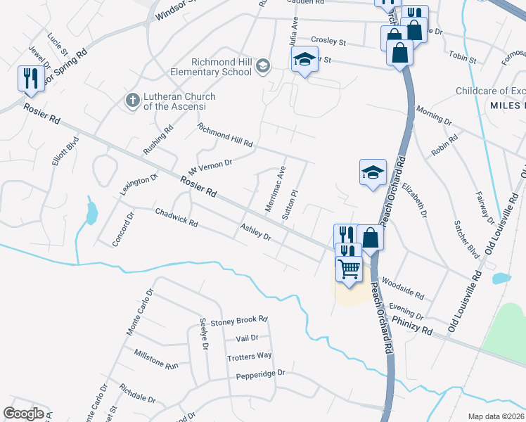 map of restaurants, bars, coffee shops, grocery stores, and more near 3423 Merrimac Avenue in Augusta