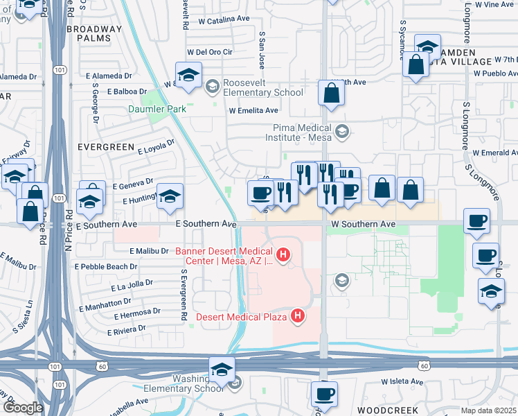 map of restaurants, bars, coffee shops, grocery stores, and more near 1112 South San Jose in Mesa