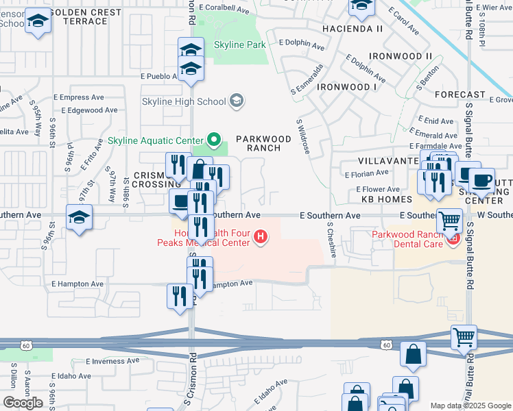 map of restaurants, bars, coffee shops, grocery stores, and more near 10136 East Southern Avenue in Mesa