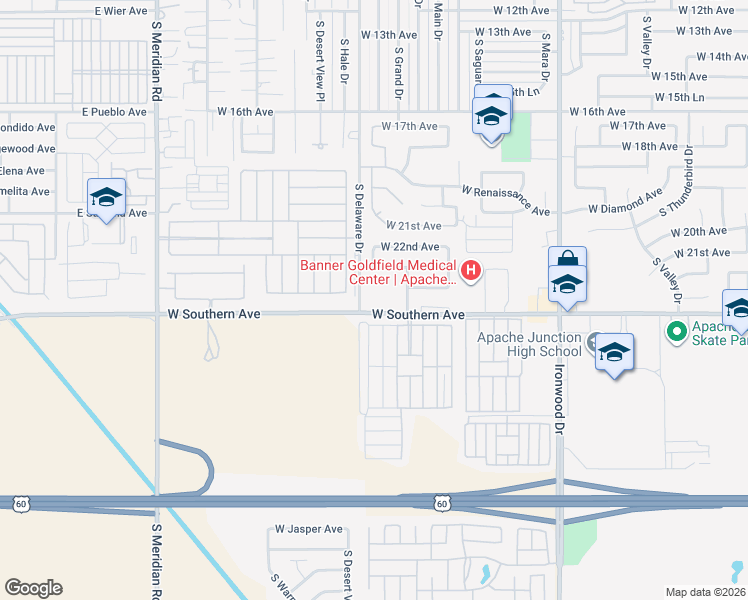 map of restaurants, bars, coffee shops, grocery stores, and more near 2357 West 23rd Avenue in Apache Junction