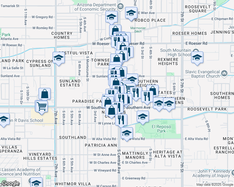 map of restaurants, bars, coffee shops, grocery stores, and more near 5630 South Central Avenue in Phoenix