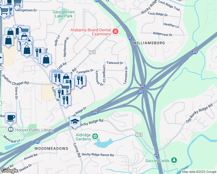 map of restaurants, bars, coffee shops, grocery stores, and more near 2204 Lynncrest Lane in Birmingham