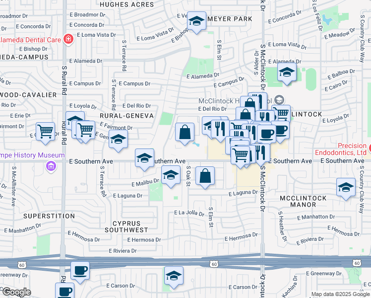 map of restaurants, bars, coffee shops, grocery stores, and more near 3255 South Dorsey Lane in Tempe