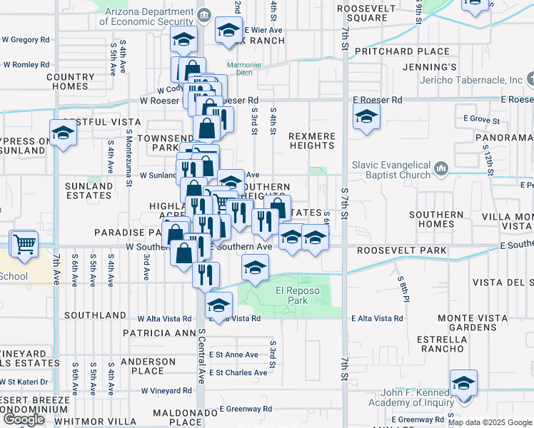 map of restaurants, bars, coffee shops, grocery stores, and more near 5634 South 4th Street in Phoenix