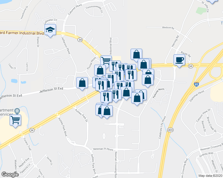 map of restaurants, bars, coffee shops, grocery stores, and more near 355 Bullsboro Drive in Newnan