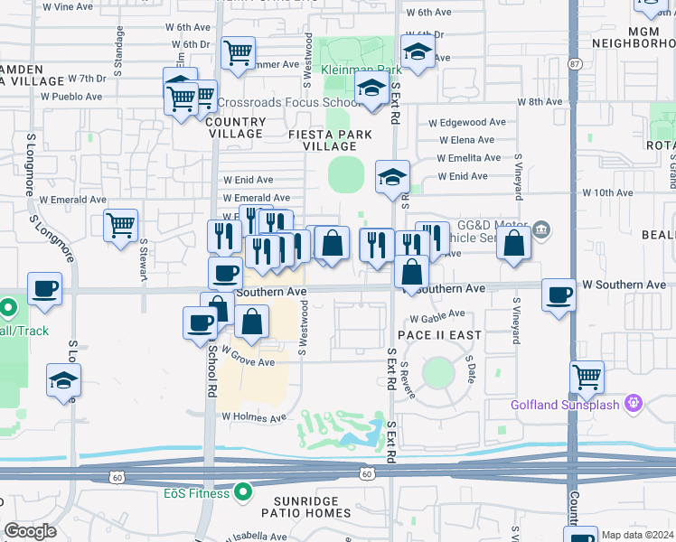 map of restaurants, bars, coffee shops, grocery stores, and more near Fiesta Village Apartments in Mesa