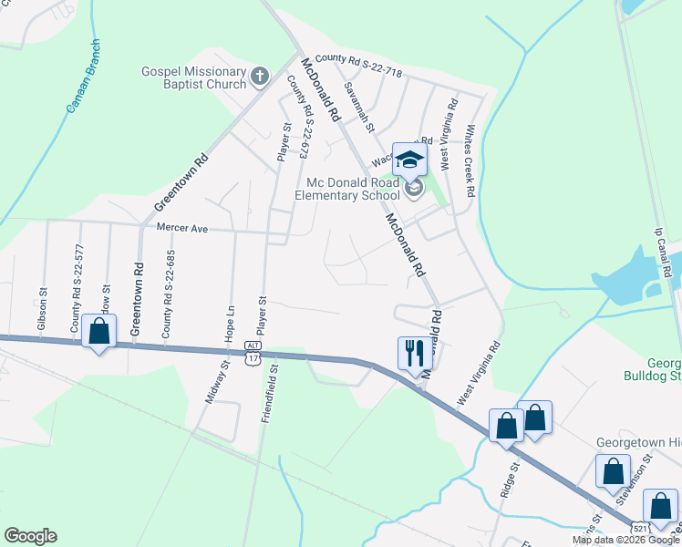 map of restaurants, bars, coffee shops, grocery stores, and more near 179 Player Street in Georgetown