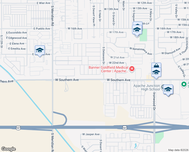 map of restaurants, bars, coffee shops, grocery stores, and more near 2101 South Meridian Road in Apache Junction