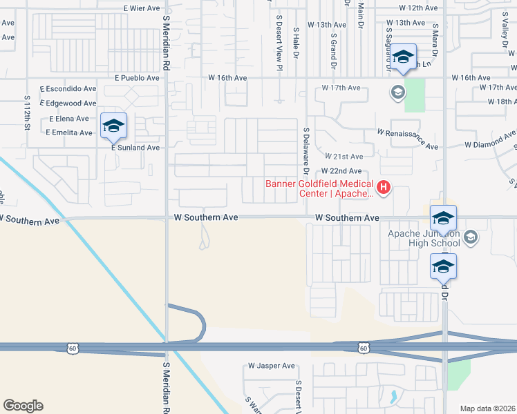 map of restaurants, bars, coffee shops, grocery stores, and more near 2101 South Meridian Road in Apache Junction