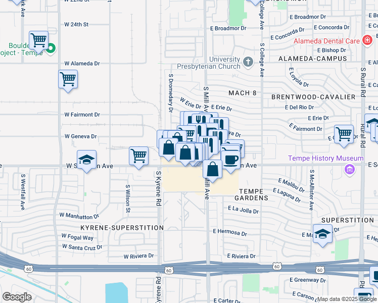 map of restaurants, bars, coffee shops, grocery stores, and more near 3232 South Mill Avenue in Tempe