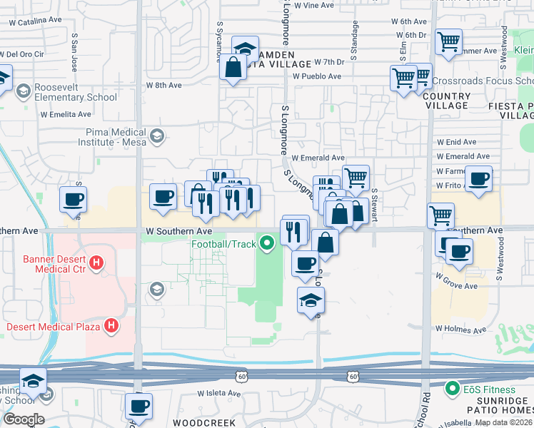 map of restaurants, bars, coffee shops, grocery stores, and more near 1620 West Southern Avenue in Mesa