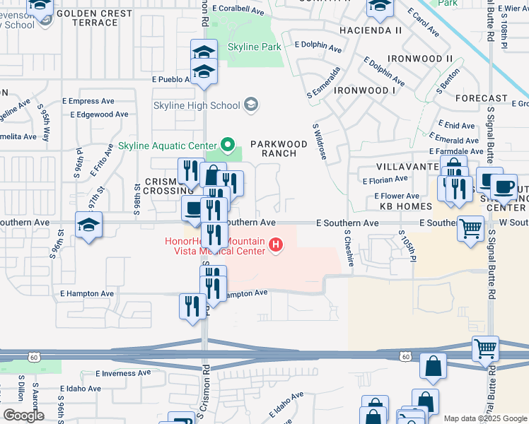 map of restaurants, bars, coffee shops, grocery stores, and more near 10136 East Southern Avenue in Mesa