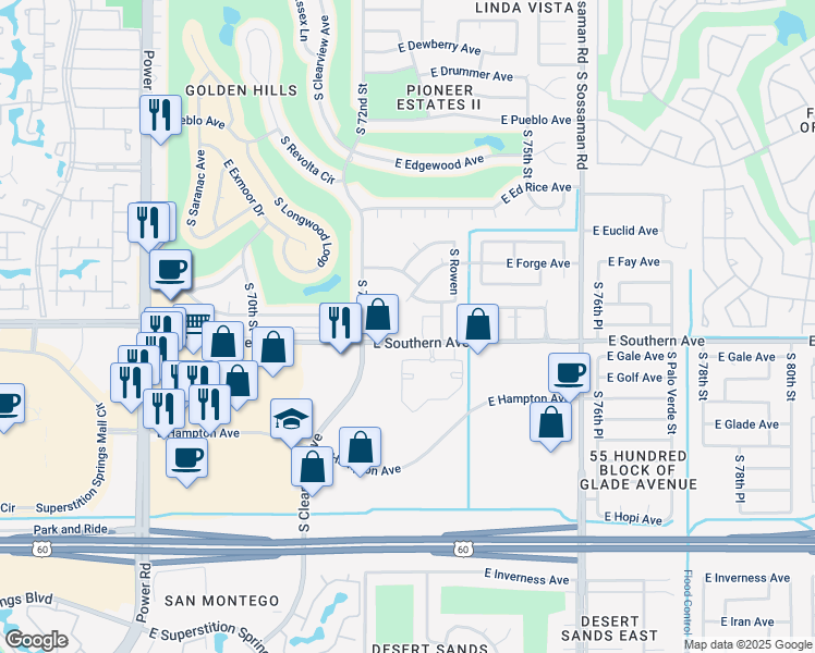 map of restaurants, bars, coffee shops, grocery stores, and more near 7245 East Forge Circle in Mesa