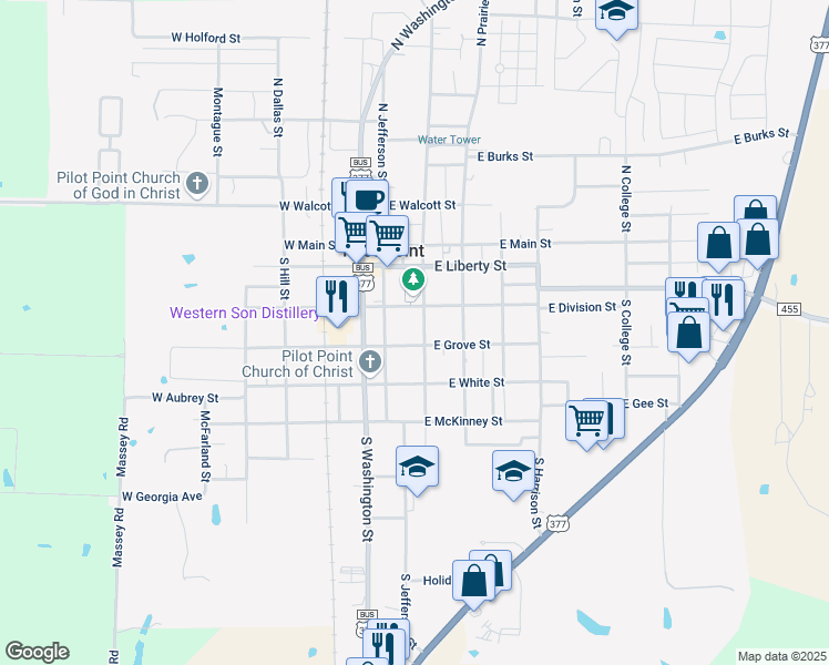 map of restaurants, bars, coffee shops, grocery stores, and more near 113 East Division Street in Pilot Point