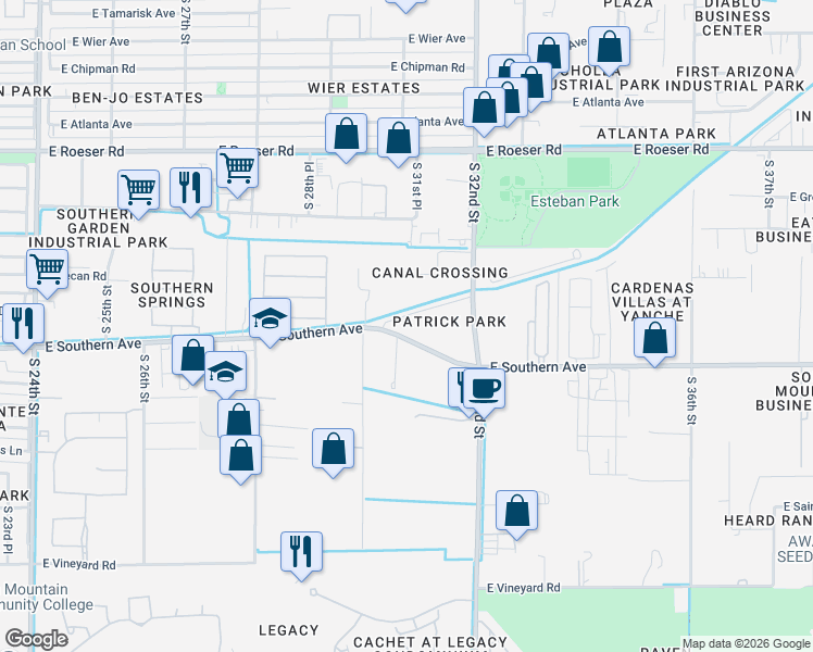 map of restaurants, bars, coffee shops, grocery stores, and more near 3026 East Old Southern Avenue in Phoenix