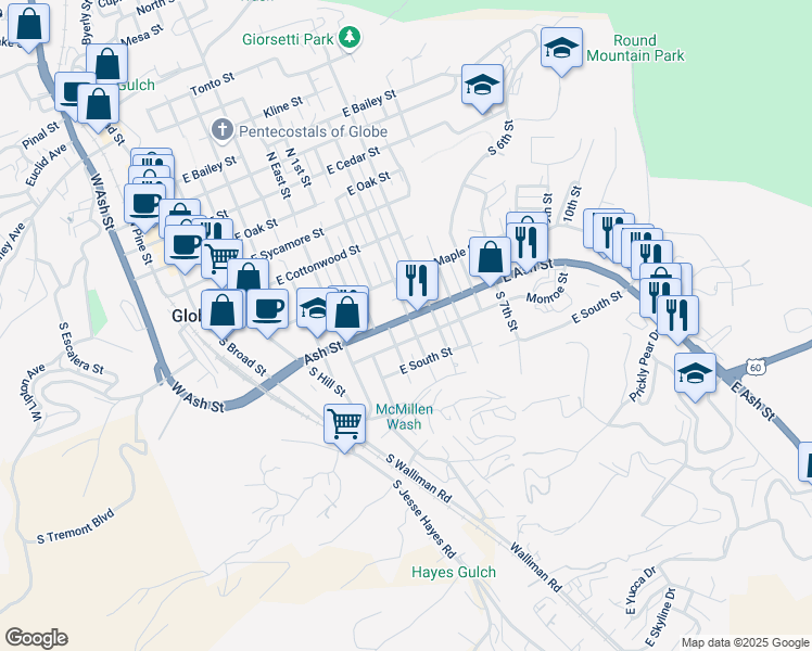 map of restaurants, bars, coffee shops, grocery stores, and more near 905 East Ash Street in Globe