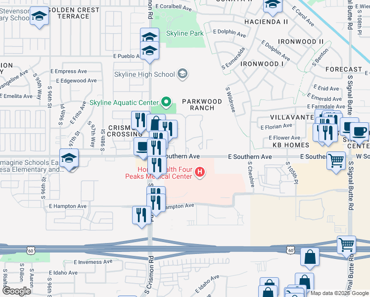 map of restaurants, bars, coffee shops, grocery stores, and more near 10136 East Southern Avenue in Mesa