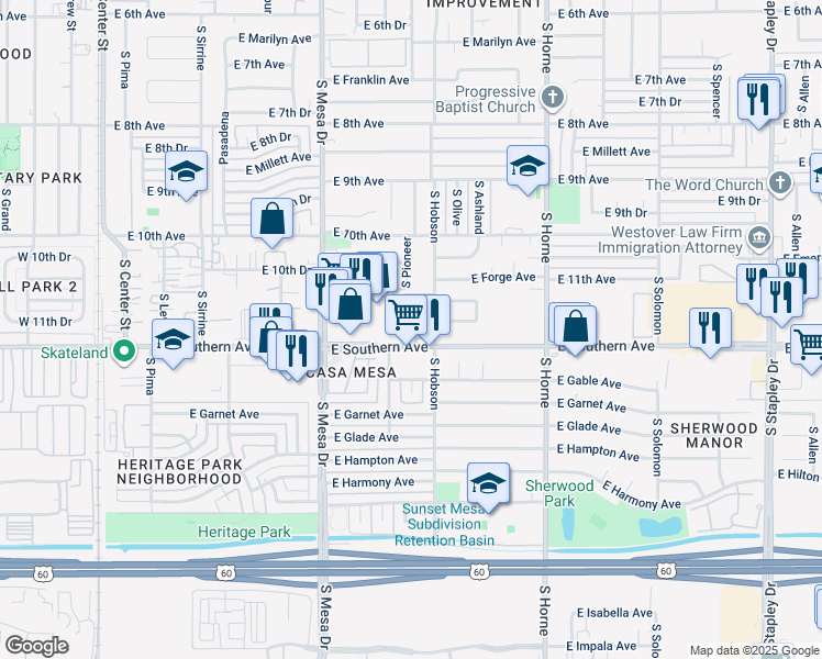 map of restaurants, bars, coffee shops, grocery stores, and more near 544 East Southern Avenue in Mesa
