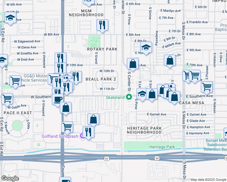 map of restaurants, bars, coffee shops, grocery stores, and more near 1124 South Drew Street in Mesa