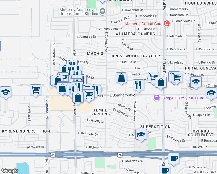 map of restaurants, bars, coffee shops, grocery stores, and more near 3134 South Orm Drive in Tempe