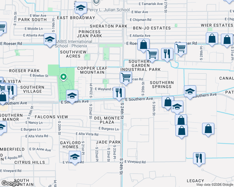 map of restaurants, bars, coffee shops, grocery stores, and more near 2344 East Wayland Drive in Phoenix