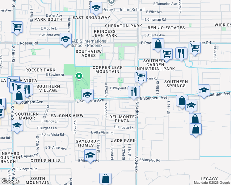 map of restaurants, bars, coffee shops, grocery stores, and more near 2226 East Wayland Drive in Phoenix
