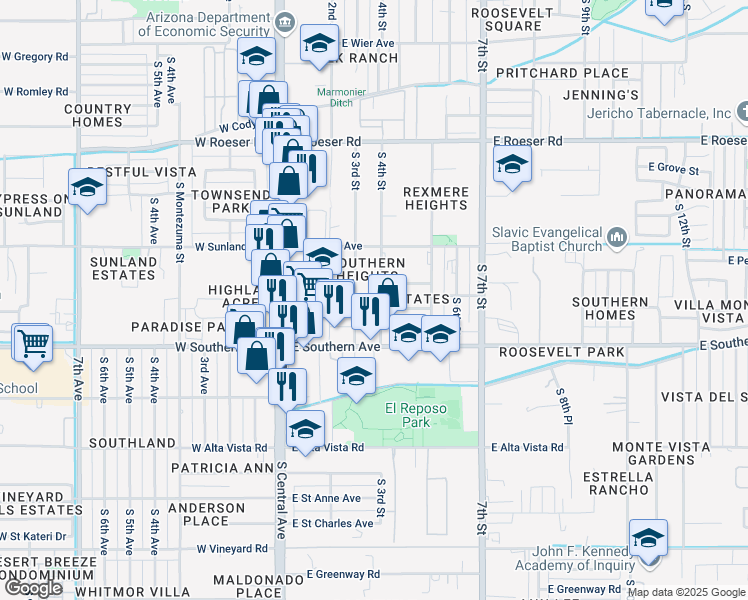 map of restaurants, bars, coffee shops, grocery stores, and more near 5634 South 4th Street in Phoenix
