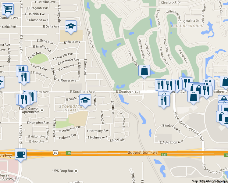 map of restaurants, bars, coffee shops, grocery stores, and more near Roosevelt WCD Canal Road in Mesa