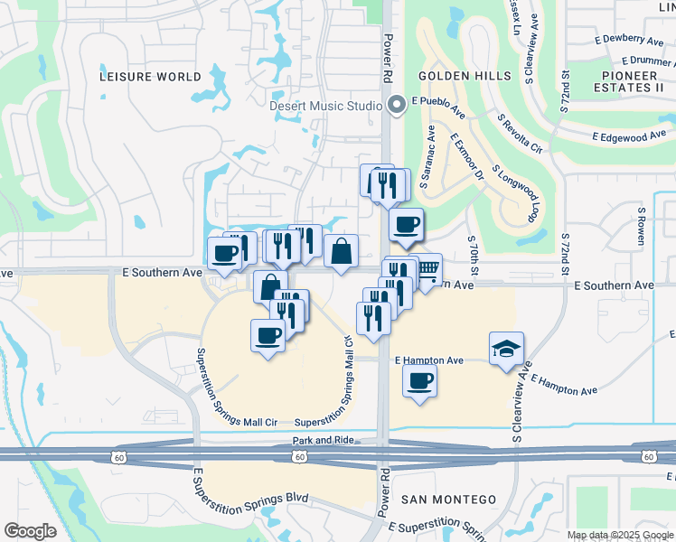map of restaurants, bars, coffee shops, grocery stores, and more near 6709 East Southern Avenue in Mesa