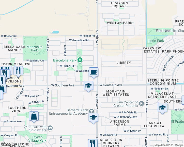 map of restaurants, bars, coffee shops, grocery stores, and more near 2716 West Wayland Drive in Phoenix