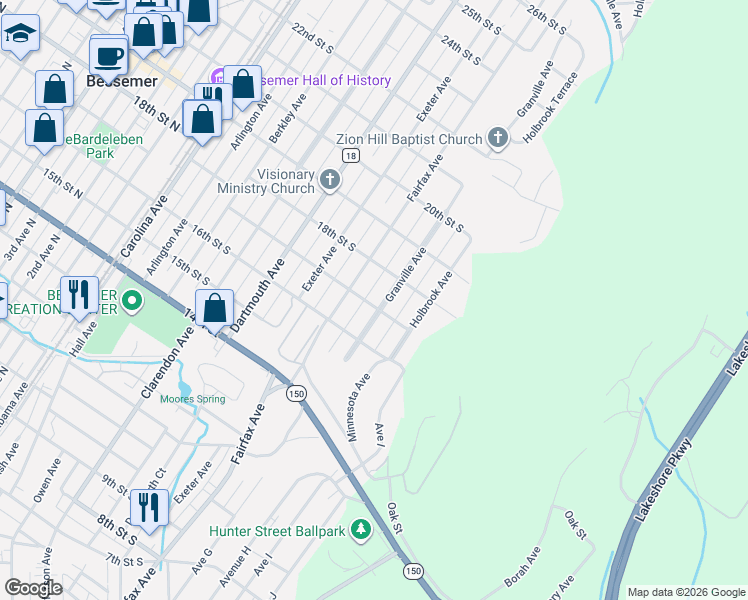 map of restaurants, bars, coffee shops, grocery stores, and more near 1720 Granville Avenue in Bessemer