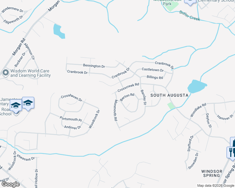 map of restaurants, bars, coffee shops, grocery stores, and more near 2681 Crosscreek Road in Hephzibah
