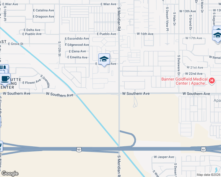 map of restaurants, bars, coffee shops, grocery stores, and more near 11523 East Flower Circle in Mesa