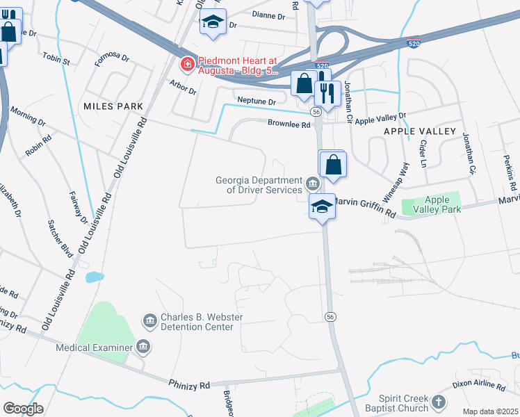 map of restaurants, bars, coffee shops, grocery stores, and more near 3485 Mike Padgett Highway in Augusta