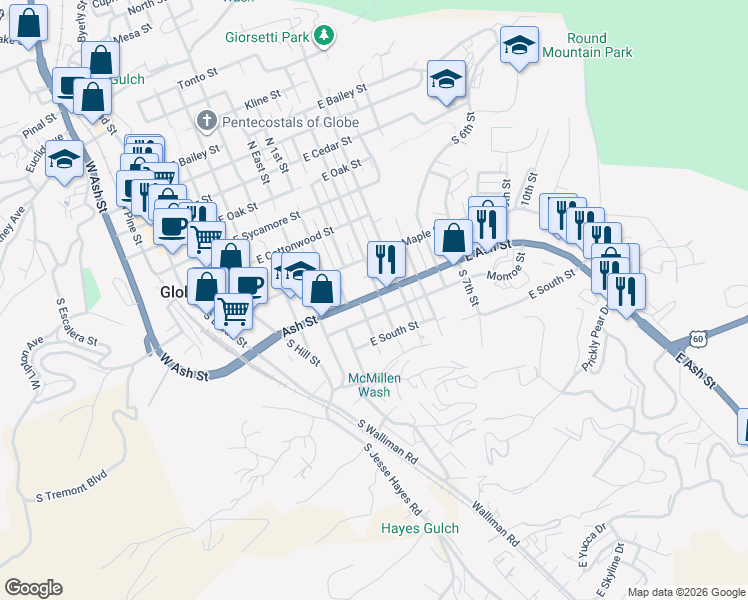 map of restaurants, bars, coffee shops, grocery stores, and more near 905 East Ash Street in Globe
