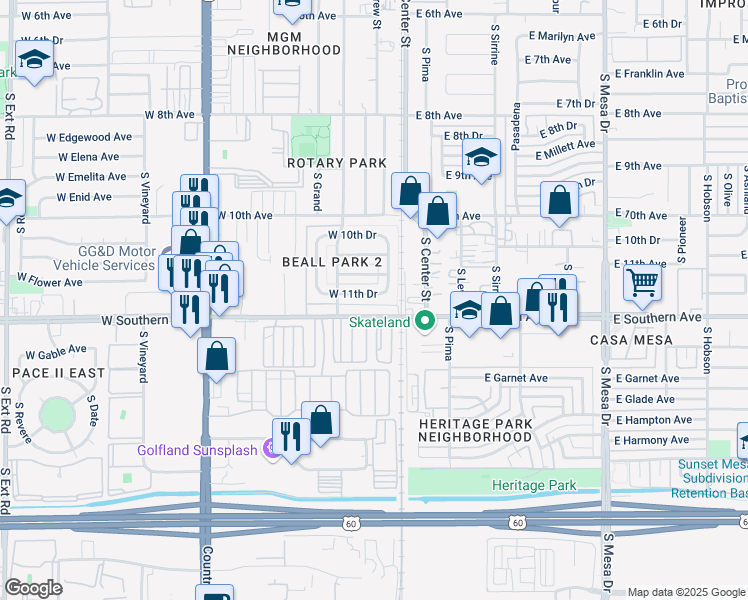 map of restaurants, bars, coffee shops, grocery stores, and more near 1124 South Drew Street in Mesa