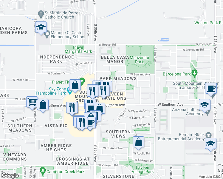 map of restaurants, bars, coffee shops, grocery stores, and more near 5733 South 34th Avenue in Phoenix
