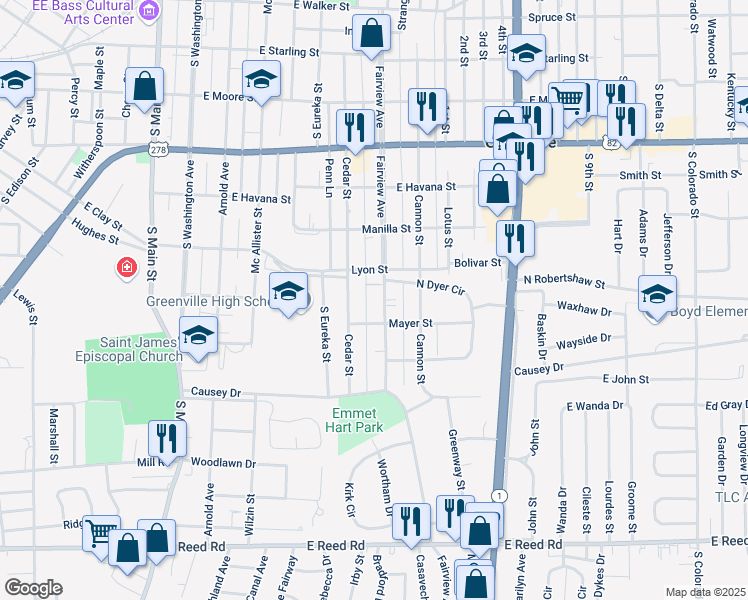 map of restaurants, bars, coffee shops, grocery stores, and more near 911 Fairview Avenue in Greenville