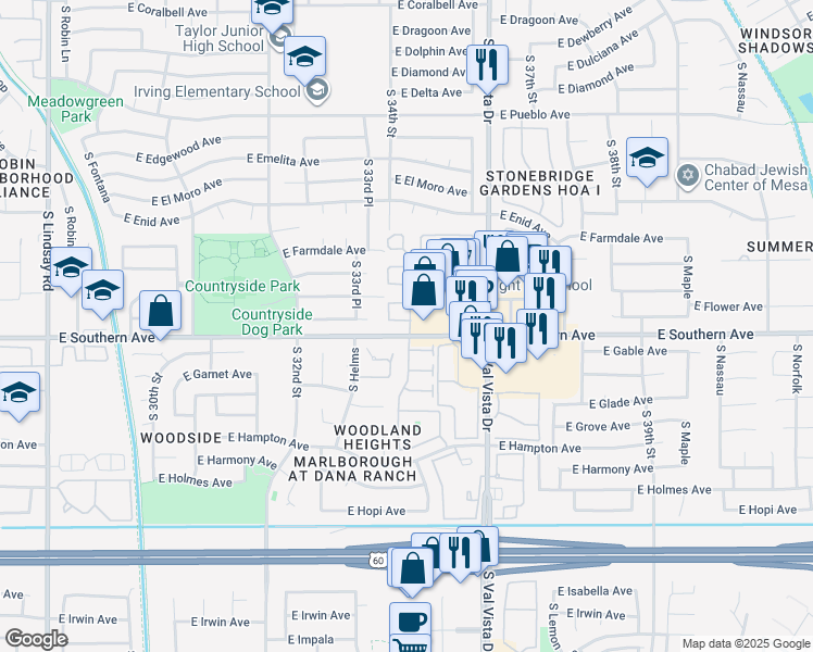 map of restaurants, bars, coffee shops, grocery stores, and more near 1212 East Val Vista Greens in Mesa