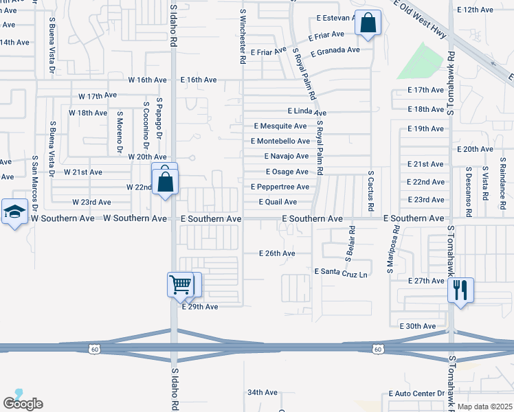 map of restaurants, bars, coffee shops, grocery stores, and more near 404 East Quail Avenue in Apache Junction