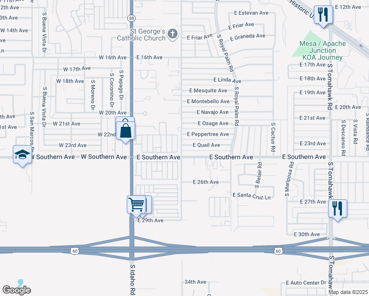 map of restaurants, bars, coffee shops, grocery stores, and more near 404 East Quail Avenue in Apache Junction