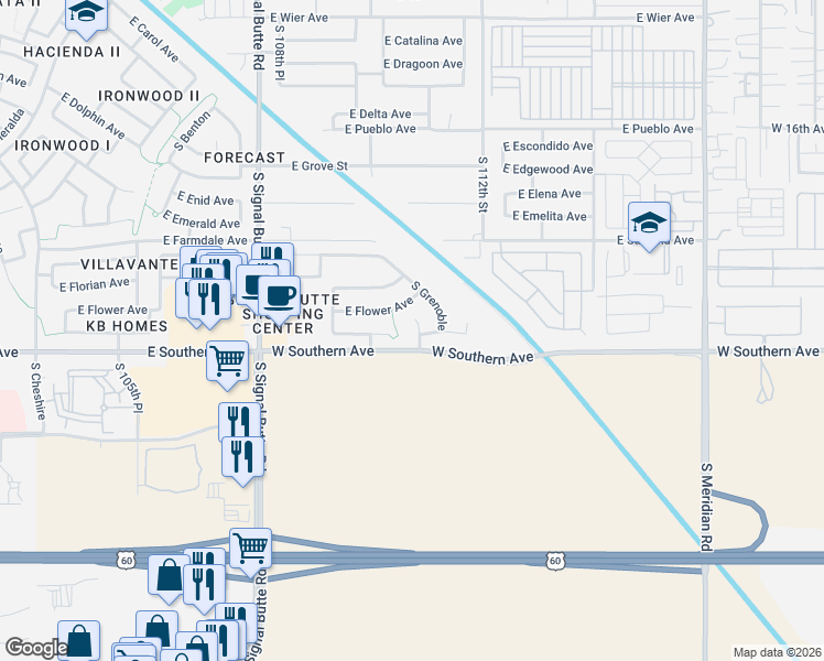 map of restaurants, bars, coffee shops, grocery stores, and more near 11039 East Flower Avenue in Mesa