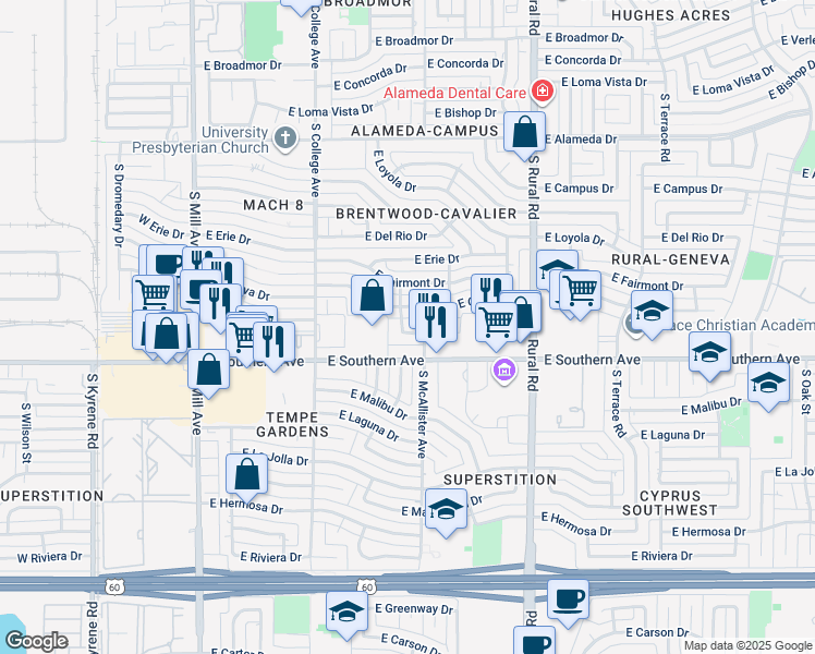 map of restaurants, bars, coffee shops, grocery stores, and more near 503 East Geneva Drive in Tempe